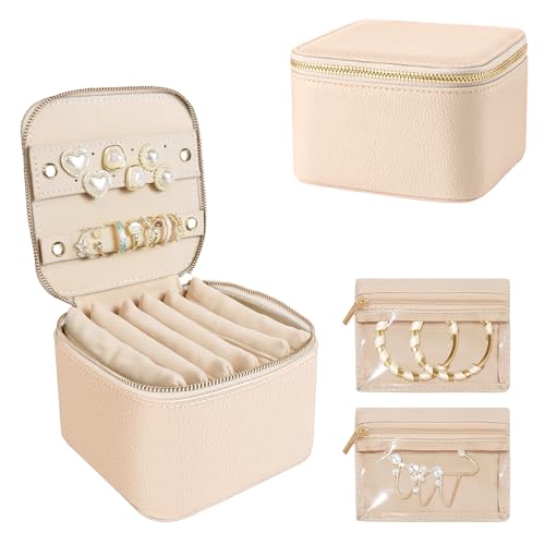 GYJZZW Reise-Schmuckschatulle, tragbare Schmuckschatulle mit 6 Samt-Ornamenten, Reißverschlusstaschen, Geschenkidee für Frauen (beige) von GYJZZW