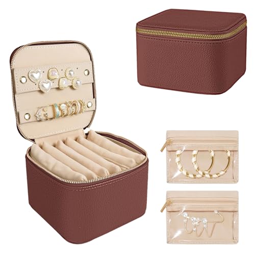 GYJZZW Reise-Schmuckschatulle, tragbare Schmuckschatulle mit 6 Samt-Ornamenten, Reißverschlusstaschen, Geschenkidee für Frauen (braun) von GYJZZW