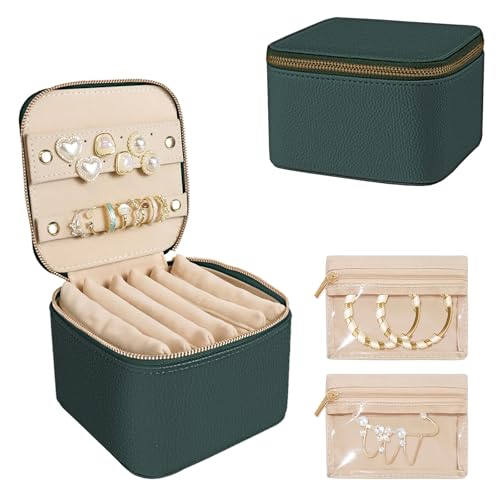 Reise-Schmuckschatulle, tragbare Schmuckschatulle mit 6 Samt-Ornamenten, Reißverschlusstaschen, Geschenkidee für Frauen (dunkelgrün) von GYJZZW