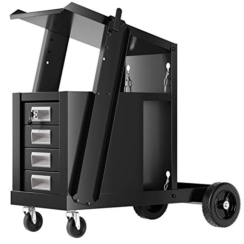 GYMAX Schweißwagen, Schweißmobil aus Metall mit 4 Schubladen, schräge Oberseite & Gasflaschenhalter, Schweßgeräte Wagen mit Räder, 71 x 38 x 71 cm von GYMAX