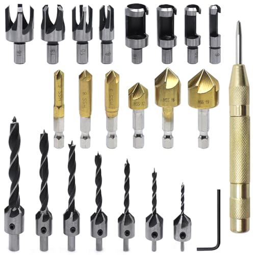 GYSRXS 23 Stück Kegelsenker Bit Set Holzbearbeitung Sbohrwerkzeuge enthalten 6×Kegel-Bohrer 7×Dreispitz-Bohrer 8×Holzdübel Schneider für Holz Bohren von GYSRXS