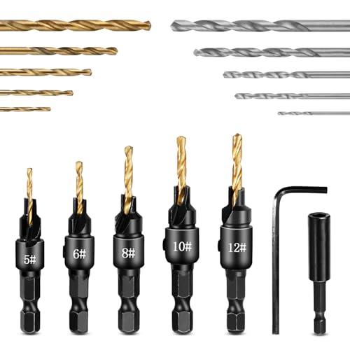 17 tlg. Senkbohrer-Set, 1/4" Spiralbohrer Holz, Senker Bohrer #4, #6, #8, #10, #12, mit Bohrsenker, Extender und einfachem Schlüssel, für Holzbearbeitung Kunststoff Pressspan Verdichteter Karton von GYYXH