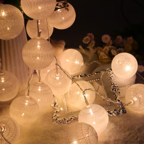 GZGXKJ 20 LED Lichterkette Kugeln 3m - 5,8cm Wattestäbchenlampe Externe Batterie Lichterkette Lampions für Raumbalkon Party Hochzeitsfestival Dekoration (Weiß) von GZGXKJ