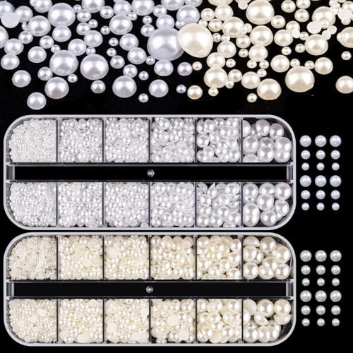 2 Boxen Rund und Halbrund Perlen für Nägel Weiß/Beige Flatback Perlen Nagelschmuck für Frauen Mädchen DIY Professionelle Nagelkunst, Gesichts Make Up von GZMAYUEN