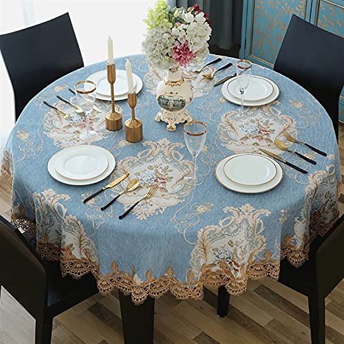 GZSLKSCD Rechteckige Tischdecken, Tischdecke aus weicher Baumwolle und Leinen im Retro-Stil, runde bestickte Tischdecke für Partys, Küche und Esszimmer (blau, Durchmesser 200 cm) von GZSLKSCD