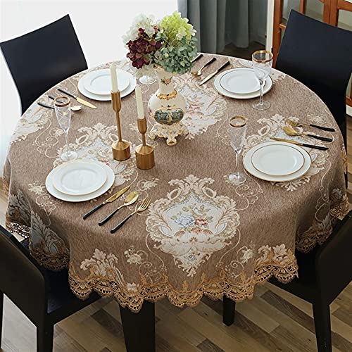 GZSLKSCD Rechteckige Tischdecken, Tischdecke aus weicher Baumwolle und Leinen im Retro-Stil, runde bestickte Tischdecke für Partys, Küche und Esszimmer (braun, Durchmesser 220 cm) von GZSLKSCD