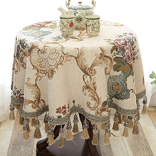 GZSLKSCD Rechteckige Tischdecken, rund, Bestickt, mit Quaste, Tischdecke aus Baumwollleinen für Küche, Esszimmer, Partys, Tischdekoration (Beige, Durchmesser 120 cm) von GZSLKSCD