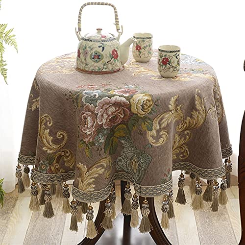 GZSLKSCD Rechteckige Tischdecken, rund, Bestickt, mit Quaste, Tischdecke aus Baumwollleinen für Küche, Esszimmer, Partys, Tischdekoration (Kaffeefarbe, Durchmesser 120 cm) von GZSLKSCD