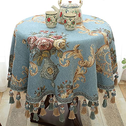 GZSLKSCD Rechteckige Tischdecken, runde, bestickte Tischdecke mit Quaste, Tischdecke aus Baumwollleinen für Küche, Esszimmer, Partys, Tischdekoration (Blau A, Durchmesser 200 cm) von GZSLKSCD