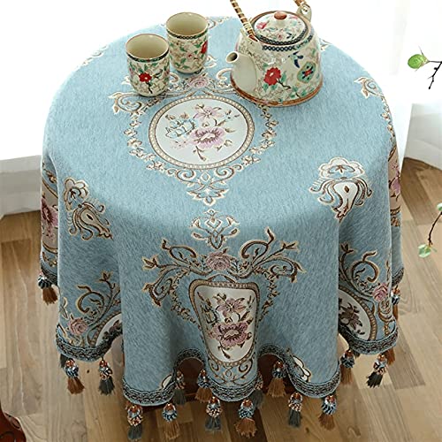 GZSLKSCD Rechteckige Tischdecken, runde, bestickte Tischdecke mit Quaste, Tischdecke aus Baumwollleinen für Küche, Esszimmer, Partys, Tischdekoration (Blau B, Durchmesser 200 cm) von GZSLKSCD