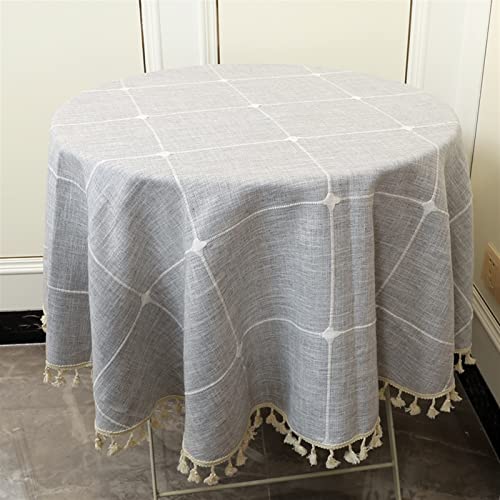 GZSLKSCD Rechteckige Tischdecken, runde Tischdecke, Besticktes Gitter, Esstischdecken, Tischdecke aus Baumwollleinen, Tischdecke mit Quaste, Heimdekoration (Hellgrau, 100 cm) von GZSLKSCD