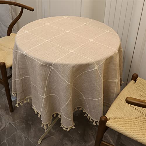 GZSLKSCD Rechteckige Tischdecken, runde Tischdecke, Besticktes Gitter, Esstischdecken aus Baumwollleinen, Tischdecke mit Quaste, Heimdekoration (Khaki, 120 cm) von GZSLKSCD