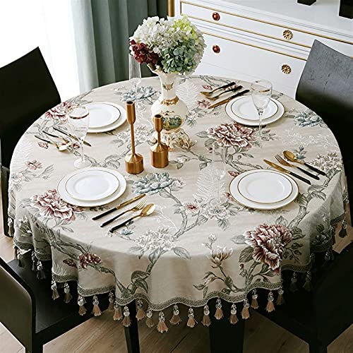 GZSLKSCD Rechteckige Tischdecken aus Baumwollleinen mit Quaste, Tischdecke für die Tischdekoration in der Küche und im Esszimmer (Beige, Durchmesser 120 cm) von GZSLKSCD
