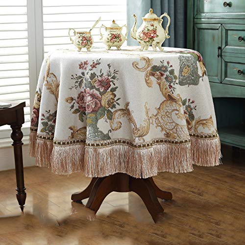 GZSLKSCD Runde Chenille-Tischdecke, Spitzentischdecke mit Fransen, Vintage-Tischdecke für Küche, Esszimmer, Party, Elegante Heimdekoration (Khaki, 200 cm (rund)) von GZSLKSCD