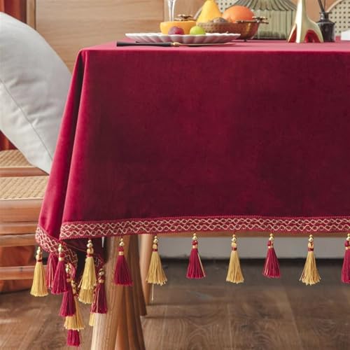 GZSLKSCD Samttischdecke mit Quasten – waschbare Tischdecke für Hochzeiten, Partys, Küchen und Esszimmer – rechteckig 89,9 x 135,9 cm (Weinrot 120 x 120 cm, quadratisch) von GZSLKSCD