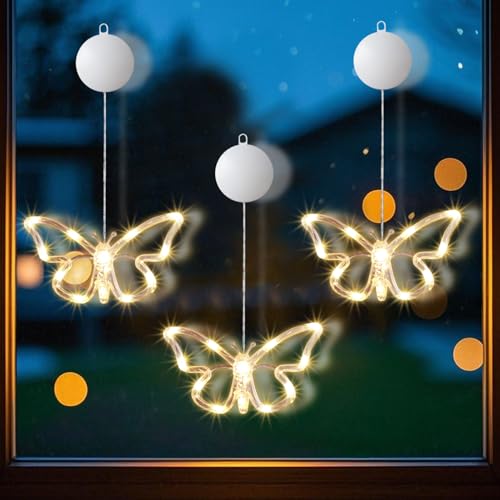 Frühlingsdeko LED Fenster Licht, 2 Stück Frühling Deko LED Lichterkette Schmetterling zum Aufhängen Lichterkette mit Saugnäpfe, Fensterbeleuchtung Batterieantrieb für Draußen Innen Fenster Deko (3er) von GZWY