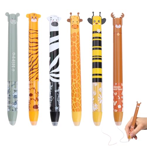 GZWY Gelstifte Radierbar, 6 Stück Radierbare Stifte mit Radiergummi Tier Motive, Silbenstift Rosa Blau 0,5 mm Spitze, Cartoon Radierbare Gelstifte für Kinder Studenten Schule Büro Geschenk (A) von GZWY