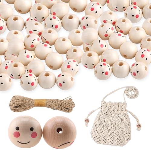 GZWY Lächeln Gesicht holzperle, 100 Stück Smile Holzperlen, Holzperlen mit Gesicht, 20 mm Holzperlen Natur, Holzkugeln mit Loch für DIY Schmuck Armband Halskette Herstellung (20mm) von GZWY
