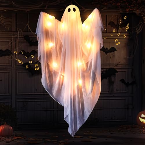 Halloween Deko Hängende Geister, Halloween Dekoration Geister mit Leuchtend Schreien, LED Hängende Geister mit Lichterkette für Helloween Deko Outdoor Innen Garten Party Vorgarten Terrasse (A) von GZWY