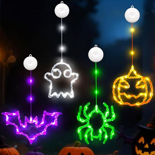 Halloween Deko Lichterkette, 4 Stück Halloween Kürbis Fledermaus Spinne Geist Lichterketten Batterie mit 6h Timer, 8 Lichtmodi, Fensterlichter mit Saugnapf für Fensterdeko (A) von GZWY