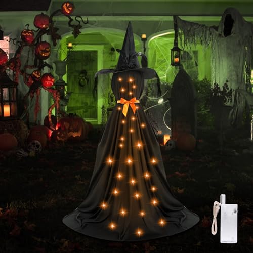Halloween Deko Outdoor, Gruselige Beleuchtung Hexe Halloween Dekor mit Leichten Strings Batteriebetrieben, Gruselige Stehende Hexendeko für Halloween Dekoration Vorgarten Patio Garten Party Deko (A) von GZWY