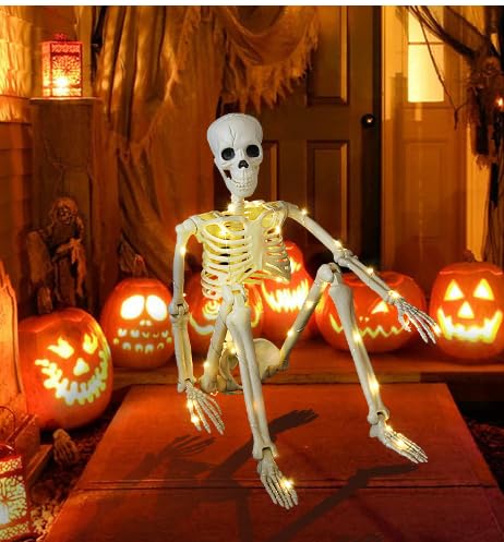 Halloween Deko Skelett Mit LED Licht, 90cm Lebensgroß Gruselig Realistische Menschliche Skelette Mit Beweglichen Gelenken für Outdoor Party Dekoration (A) von GZWY