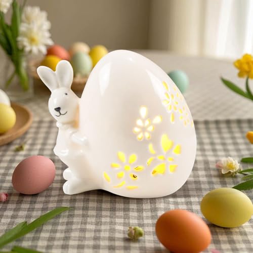 Osterdeko Ostereier mit LED Licht, Frühlingsdeko Nachtlicht Eier aus Keramik, Hohl Ostern Deko Blumen Hase Eier Beleuchtung Lichter Batteriebetrieben Nachttischlampe für Osterdeko Innen Tischdeko (A) von GZWY