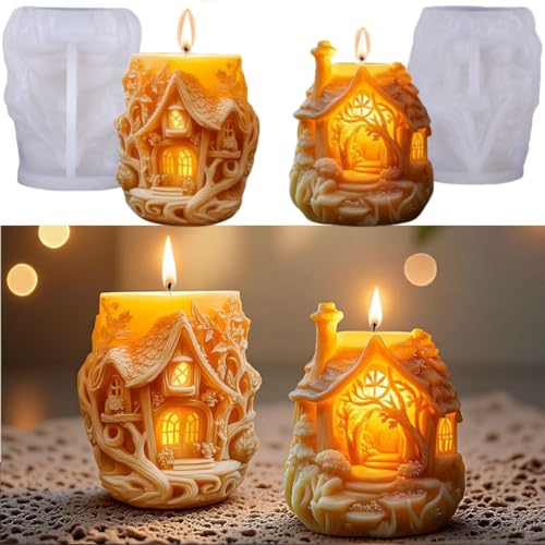 Silikonform Weihnachten Baumhaus, 2 Stück Silikonformen Gießformen Häuser Gips zum Gießen, Gießformen Silikon Weihnachten, Gießform Weihnachten Baumhaus Giessformen Silikon für Weihnachtsdeko (A) von GZWY