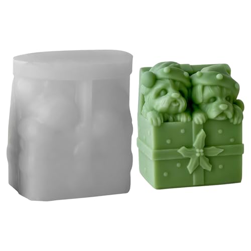 Silikonform Weihnachten Welpen Geschenkbox, 3D Silikonformen Gießformen Weihnachten Gipsformen zum Gießen Welpen Geschenkbox Gips zum Gießen Gießformen Silikon Weihnachten für DIY Weihnachtsdeko von GZWY