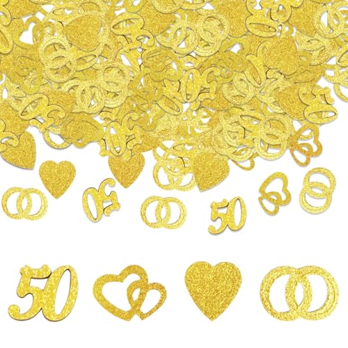 Streudeko Goldene Hochzeit Glitzer, 100 Stück Goldenehochzeit Konfetti mit 50, Ringe, Herz Motiven, Deko für Golden Hochzeit und Party Tischdeko für das 50. Jubiläum, 50. Hochzeitstag uvm (A) von GZWY