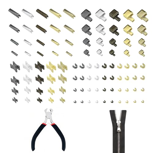 100 Stück Reißverschluss Reparatur Set,Ersatz Reißverschluss Stopper,Reparatur Zzipper,für Jacken Mäntel Zelte Taschen Gepäck,5Farbe 4Spezifikation,Mit 1Installieren Sie Zangen von GZXUEHU