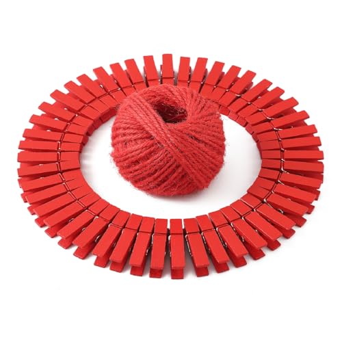 GZXUNFA Mini-Wäscheklammern (rot), ca. 3,5 cm lang, mit 2,4 m Juteseil (rot), farbige Holz-Wäscheklammern für Zuhause, Schule, Kunst, Handwerk, Dekoration, 100 Stück von GZXUNFA
