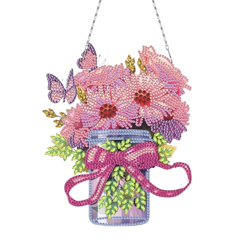 GZYYANG Diamond Painting Anhänger, Diamant Painting Rosa Vase, 5D Diamond Painting Fensterbilder mit Kette, Geeignet für Wand- und Eingangsdekoration von GZYYANG