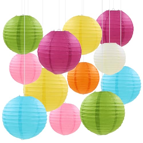 GZYYANG Papierlaterne Dekoration Papierlaternen 12er Lampions Papierlaterne Papier Laterne Runde Gerippter Papier Lampenschirm für Braut Hochzeitsdekorationen Geburtstagsfeier Gartenparty（bunt） von GZYYANG