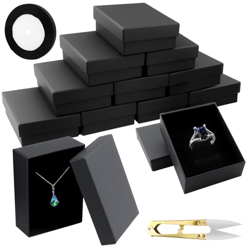 GZcaiyun 12 Stk Schmuck Geschenkboxen, Schmuckkästchen aus Schwarzem Karton, Schmuckschatulle mit Deckel für Halsketten, Ringe, Ohrringe, 9×7×3cm, mit Band, Schere von GZcaiyun