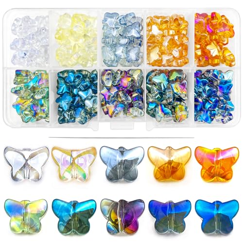 GZcaiyun 200 Stk Schmetterlingsperlen, Schmetterling Glasperle, Perlen zum Auffädeln für Ohrringe Armband Halskette Schmuck DIY Craft Making, mit Perlennadel & Box von GZcaiyun