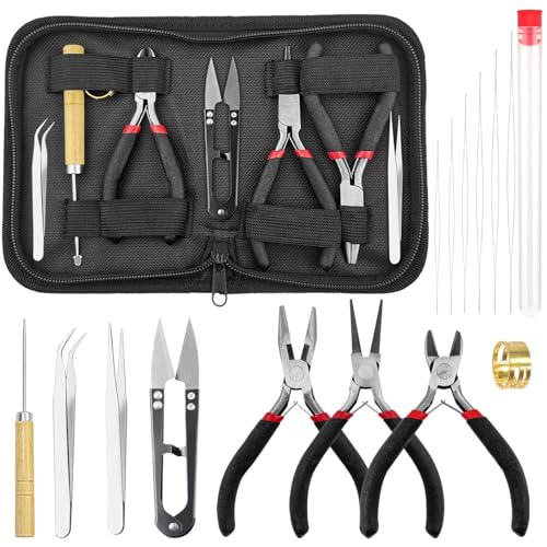 GZcaiyun 8 Stk Schmuckherstellung Set, Schmuckzange, Schere, Pinzette und Andere Schmuck Werkzeugen für Schmuckherstellung und Reparatur, mit 6 Perlennadeln, 1 Plastikflasche(15cm) von GZcaiyun