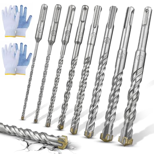 GZcaiyun SDS Plus Bohrer Set, 8 Stück Betonbohrer Set, Größen 4,5,6,8,10,12,14,16mm ×160mm, Steinbohrer Hammerbohrer Set für Bohren von Beton Stein Holz Ziegel Fliesen, mit 2 Paar Handschuhe von GZcaiyun
