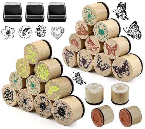 GZhaimai 24 Stück Holzstempel, Runde Stempel Holz mit Stempelkissen, Stempel Set für Kartenbasteln Scrapbooking Bullet Journal(Verschiedene Muster) von GZhaimai