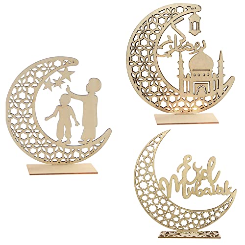GZjiyu 3 Stk Eid Mubarak Dekoration, Holz Ramadan Dekoration Mond Sterne für DIY Eid Home Schlafzimmers Hochzeit Party Tisch Dekorationen (3 Stilen) von GZjiyu