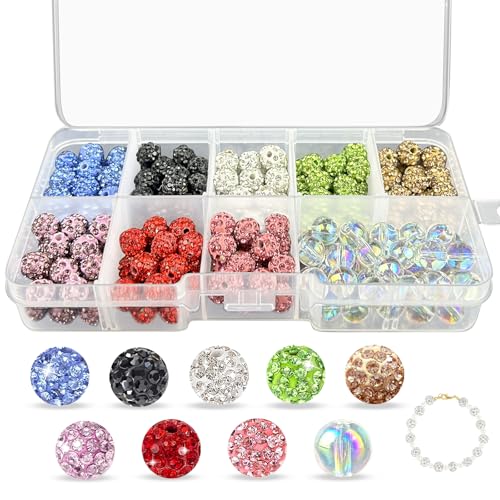 GZqiancang 200 Stück Strass Perlen Set, 8mm Disco Ball Perlen, Runde Glasperlen mit Kunststoffbox für DIY Schmuckherstellung, Armbänder, Bastelbedarf von GZqiancang