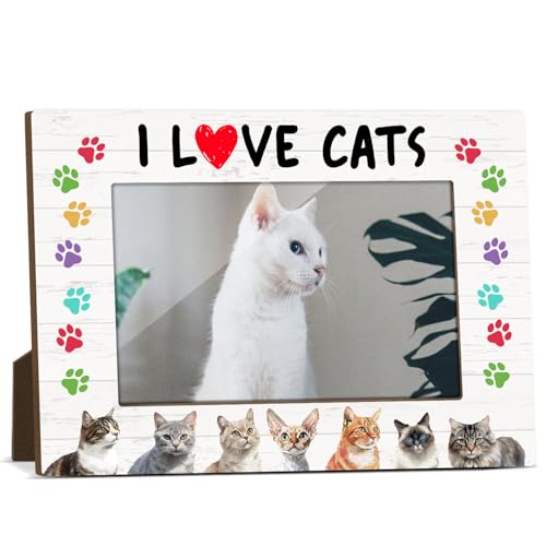 JK0535 Holz-Bilderrahmen mit Aufschrift "I Love Cat", für Katzenliebhaber, Kätzchen, Geschenk für Haustierbesitzer, Frauen, Freunde, Mädchen, Dekorzubehör für Zuhause, Büro, Wohnzimmer von GaNiao