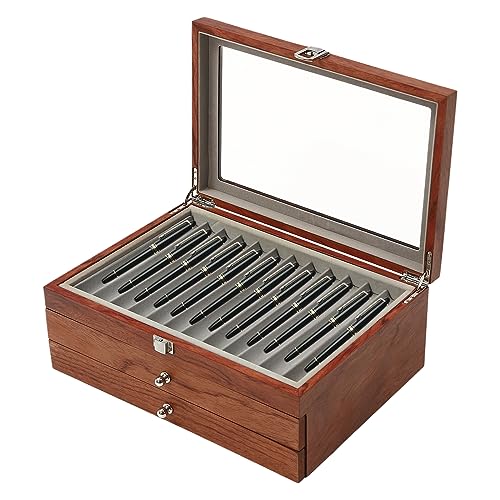Stift Display Case Große Kapazität 34 Slot Holzstift Box mit Sicherheitssperre, Hölzerne Füllfederhalter Vitrine Reinigung Pen Display Box für Schlafzimmer, Studienzimmer, Wohnzimmer (Holzfarbe) von Gaabungky
