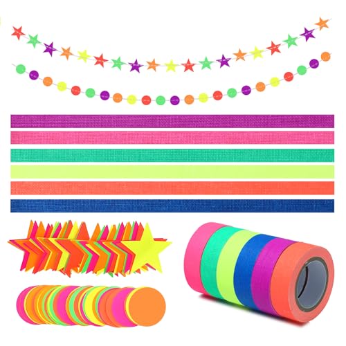 Glow Partyzubehör-Set, Neon-Party-Dekorationen mit 6 Rollen, 4,6 m, fluoreszierendes Schwarzlicht-reaktives Klebeband, 2 Stück 3,5 m runde Punkt-Stern-Kit, Neonpapier, leuchtet im Dunkeln Glow Partyzubehör-Set, Neon-Party-Dekorationen mit 6 Rollen, 4,6 m, fluoreszierendes Schwarzlicht-reaktives Klebeband, 2 Stück 3,5 m runde Punkt-Stern-Kit, Neonpapier, leuchtet im Dunkeln von Gabrella