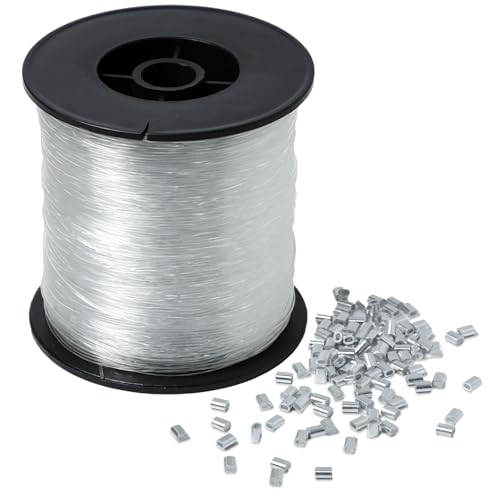 Transparenter Draht zum Aufhängen, 0,8 mm bis zu 34 kg, robuste Angelschnur, unsichtbarer Nylonfaden mit 120 Aluminium-Crimpschlaufenhülsen, transparenter Bilderdraht zum Aufhängen von Gabrella