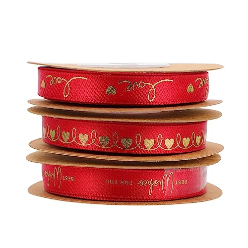 Gadpiparty 3 Rollen Geschenkband mit Herz und Schriftmuster Feines Satin Dekoband in Weinrot Geschenkverpackung und Hochzeitsdeko Zartes Schleifenband für Blumenarrangements und DIY Basteln von Gadpiparty