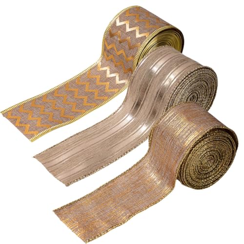 Gadpiparty 3 Rollen Weihnachts-Sackleinenband, metallisches Leinenband mit Drahtkante, für DIY-Bastelkränze, Weihnachtsbaumdekoration, Hochzeitsfeierzubehör von Gadpiparty