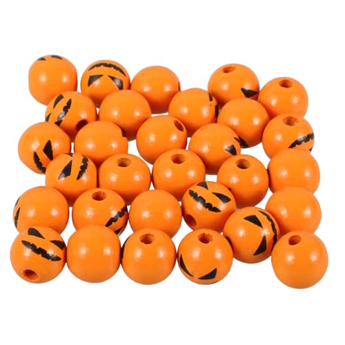 Gadpiparty 50 Stück Halloween Holzperlen mit Orangem Geistergesicht Runde Natürliche Holzperlen für DIY Basteln Makramee Schmuck Halloween Dekoration Glatte Oberfläche Sichere Verarbeitung von Gadpiparty