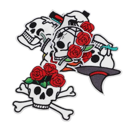 Gadpiparty 6 Stück Halloween Bügelflicken für Jacken Bestickte Schädel Rosen-motive Robuste Stoffpatches zum Aufnähen Einfache Anbringung Vielseitige DIY Kleidung Dekoration von Gadpiparty