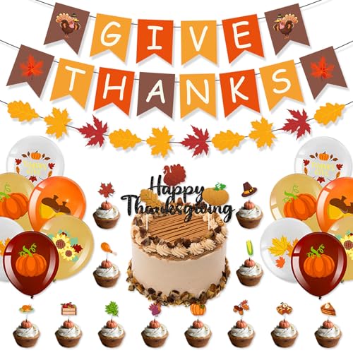 Banner mit orangefarbenen Ahornblättern, Wimpelkette, Ahornblatt-Luftballons und Kuchenaufsatz-Set für Thanksgiving, Party-Dekoration, zum Aufhängen für Zuhause, Büro, Klassenzimmer, Schule von GaesQae